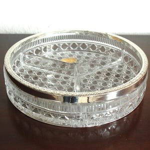 Vintage glass bowl, England, crystal glass, lead crystal, 1960s/70s, serving dish, appetizer dish, divided into 3 compartments