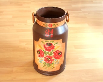 Paragüero original antiguo de metal pintado a mano, con forma de lata de leche, pintura campesina vintage, años 50 y 60, hecho a mano, de mediados de siglo.