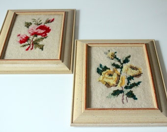 2 pieces pictures embroidered wall decoration roses wooden frame vintage frame wooden country house wall hanger roses frame picture petit point handmade