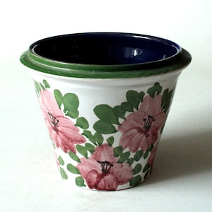 Flower pot ceramic vintage planter mid century green blue rose white 60s 70s planter floral patterns West Germany handmade marked