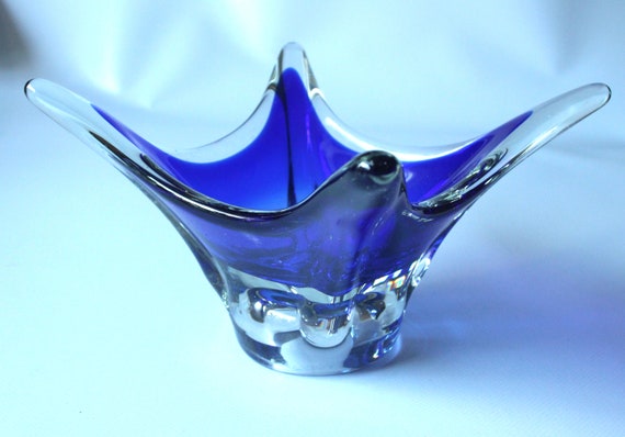 Schale Glas Glasschale Murano Style Zipfelschale blau Sammlerglas Glaskunst Trinket Bowl Glass handblown Centerpiece blue