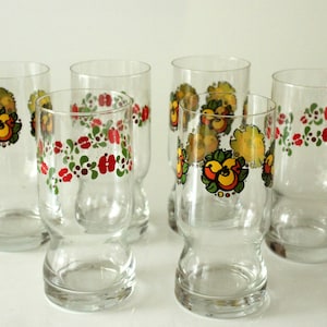 Vintage juice glasses set 70s water glasses retro design cherries and apples