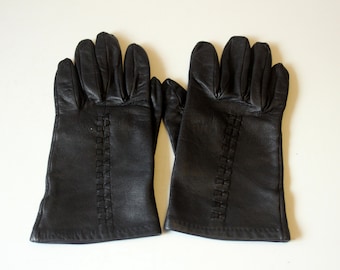 Damen Handschuhe Gr. M Lederhandschuhe Vintage Autohandschuhe Leder schwarz handgenäht 60er Gloves mid century leather handmade rockabilly