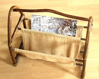 Newspaper rack rattan vintage magazine basket 1970s shelf braided with fabric insert Magazine Holder mid century Wicker Bamboo Bamboo