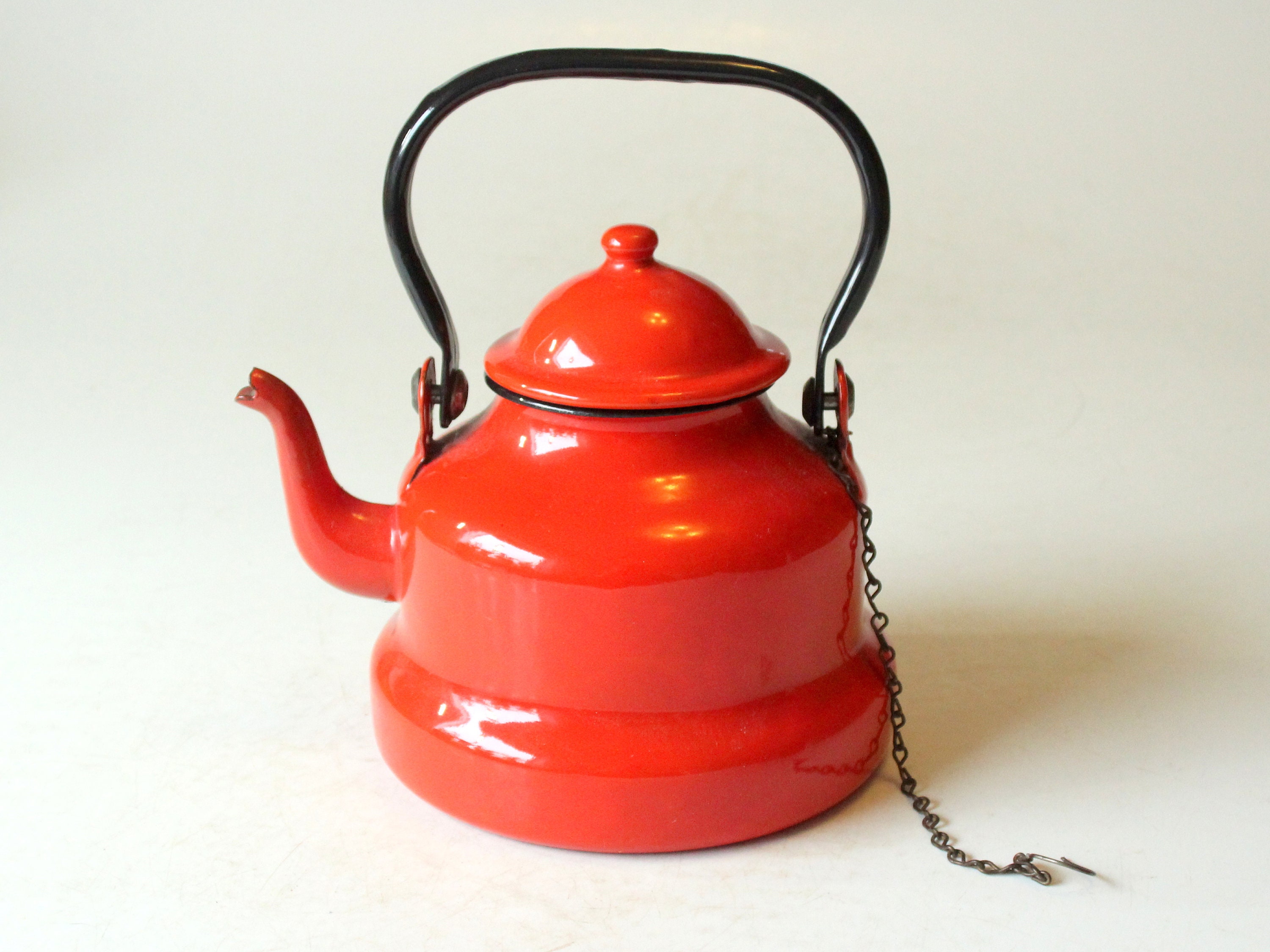 MCM Tomato Red Enamel Small Tea Kettle Tea Pot Wood Handles - Ruby Lane