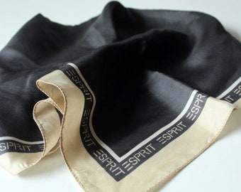 Classic Neck Scarf Esprit 100% Silk Silk Scarf Nickituch Vintage Dark Grey, White, Beige Graphic Pattern Head Scarf West Germany 90s