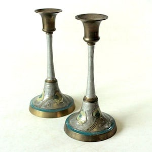 2 rare cloisonne brass and enamel massive candlesticks vintage candle holders mid century candlesticks 1960s 70s candle holder