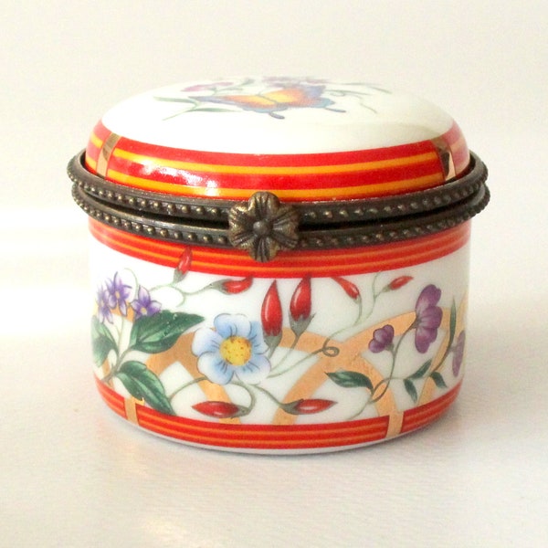 Pretty pill box vintage ceramic pill box ring box jewelry box romantic floral West Germany pillbox brass sweetener box sweetenerbox