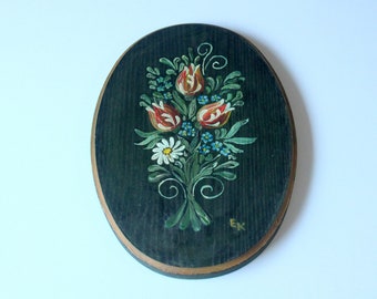 Wall picture wall decoration wood vintage peasant painting Bavarian Wall Plate 1960s country house West Germany retro kitchen folk art with hanger