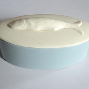 Antique Fish Pot Herring Relief Fish Terrine Ceramic Vintage Serving Pot Fish 60s West Germany Light Blue and Cream White Herring Pot Serving