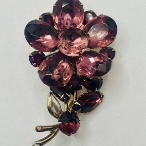 Vintage Purple Rhinestone Flower Brooch Gold Tone Rivited Back  2.25”