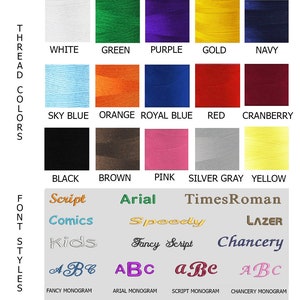 K&ouml;nnte beinhalten: Eine Tabelle mit Garnfarben und Schriftarten f&uuml;r Stickereien. Die Garnfarben umfassen Wei&szlig;, Gr&uuml;n, Lila, Gold, Marineblau, Himmelblau, Orange, K&ouml;nigsblau, Rot, Cranberry, Schwarz, Braun, Rosa, Silbergrau und Gelb. Die Schriftarten umfassen Script, Comics, Kids, Arial, Speedy, Fancy Script, Times Roman, Lazer und Chancery.