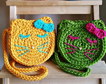 Crochet Shoulder Bag For Girls "Sleepy Kitten" / Knitted Bag For Kids / Crochet Purse For Girls