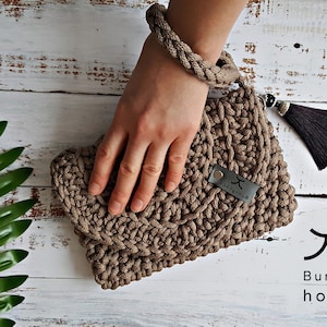 Crochet Clutch: Handmade Cappuccino Evening Purse with Tassel