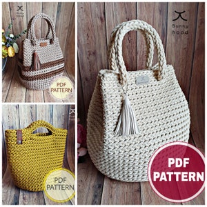 3 PDF Crochet Patterns, Tutorials (with VIDEO links):Handbags "Dew Drop", "Dew Drop with stripes" & Tote Bag "Oslo Medium size" /DIY project