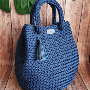 Crochet Handbag: Denim Blue Rope Market Bag with Tassel