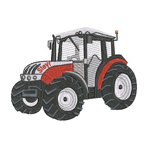 Peut inclure: Un tracteur blanc et rouge avec le mot "Steyr" sur le côté. Le tracteur a une cabine noire et de grandes roues noires.