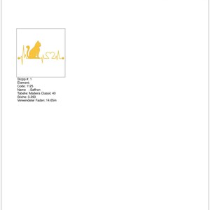 May include: A yellow cat with a heart beat graphic, the text "Katze Herzschlag 10" and the words "Stopp # 1, Element, Code: 1125, Name: Saffron, Tabelle: Madeira Classic 40, Stiche: 3.293, Verwendeter Faden: 14.65m" are visible.