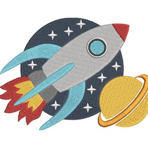 May include: A blue and gray rocket ship flying through space with a yellow planet and stars in the background.