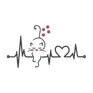 Stickdatei  Herzschlag Katze 10x10 cm und 13x18 cm Maschinenstickerei Tiere Pfote Cartoon Clipart Katze Krallen