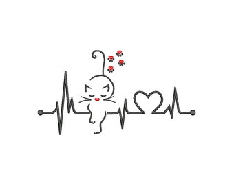 Embroidery file heartbeat cat 10 x 10 cm and 13 x 18 cm machine embroidery animals paw cartoon clipart cat claws