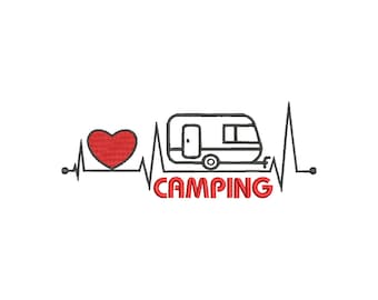 Embroidery file My heart beats for camping machine embroidery 3 sizes 10x10, 13x18 13x6 heartbeat camping caravan tent