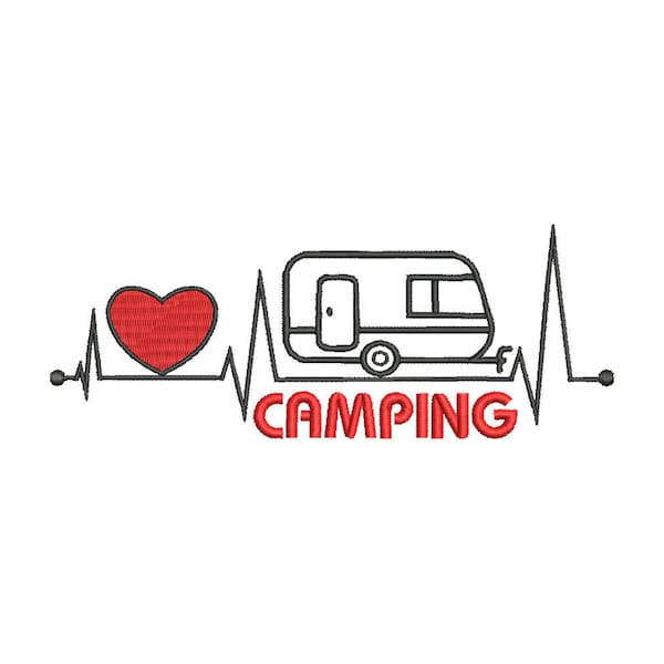 Stickdatei Mein Herz schlägt für Camping Maschinenstickerei 3 Größen 10x10, 13x18 13x6 Herzschlag Campen Wohnwagen Zelt