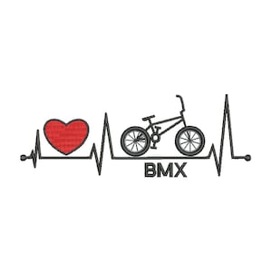 May include: A black and white illustration of a BMX bike with a red heart and a heartbeat line. The text "BMX" is below the bike.