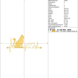 May include: A digital embroidery design of a cat sitting on a heart-shaped EKG line. The design is titled "Katze Herzschlag 10" and is 96.8 mm wide and 51.0 mm high. The design uses one color of thread, Saffron Madeira Classic 40.