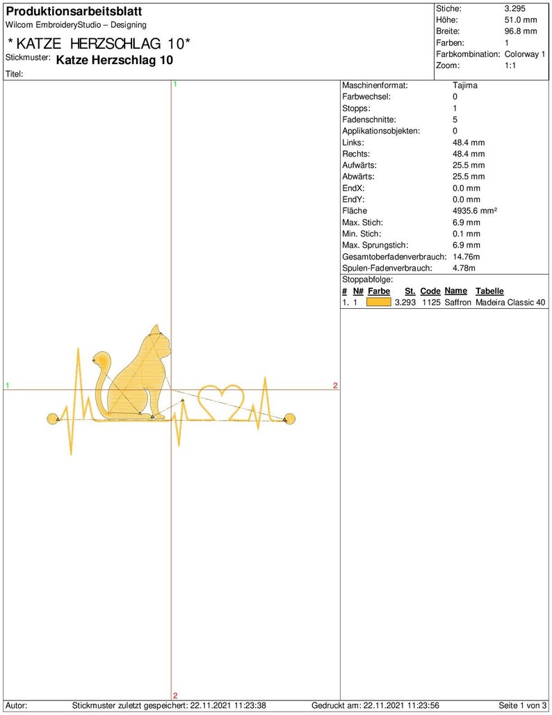 May include: A digital embroidery design of a cat sitting on a heart-shaped EKG line. The design is titled "Katze Herzschlag 10" and is 96.8 mm wide and 51.0 mm high. The design uses one color of thread, Saffron Madeira Classic 40.