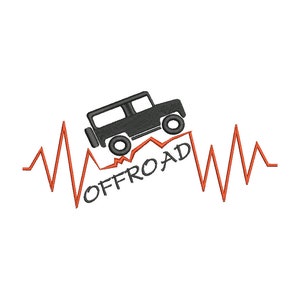 Puede incluir: Una silueta negra de un jeep conduciendo sobre una línea roja y dentada que dice "OFFROAD". La línea se asemeja a un latido del corazón.