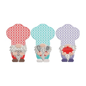 Embroidery file 3 gnome cooks 13x18 frame cook chef&#39;s hat cook stars cutlery heart pot cutlery kitchen utensils