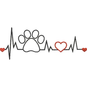 May include: Black and white paw print with a red heart inside a black and white heartbeat line. The paw print is in the centre of the line.