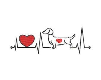 Embroidery file heartbeat dachshund 13x18, 16 x 26 cm outline stylized dachshund teckel dog heart paw machine embroidery