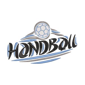 Könnte beinhalten: Schwarz-weiße stilisierte Illustration eines Handballs mit dem Wort "HANDBALL" in einer stilisierten Schriftart. Das Wort ist von blauen und grauen Linien umgeben.