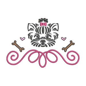May include: Black and white line art illustration of a Yorkshire Terrier dog with a pink bow on its head. The dog is surrounded by two brown bones and two pink hearts. The dog is sitting on a pink swirl design.