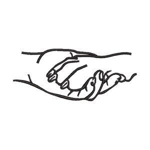 Könnte beinhalten: Eine Schwarz-Weiß-Strichzeichnung von zwei Händen, die sich gegenseitig umfassen. Die Hände sind mit einfachen Linien dargestellt, die einen Händedruck oder eine Geste der Zustimmung andeuten. Das Bild befindet sich auf weißem Hintergrund.