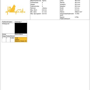 May include: A digital embroidery design for a cat with a heartbeat graphic. The design is called "Katze Herzschlag 10" and is 96.8 mm wide and 51.0 mm high. The design requires 3,295 stitches and one color of thread.