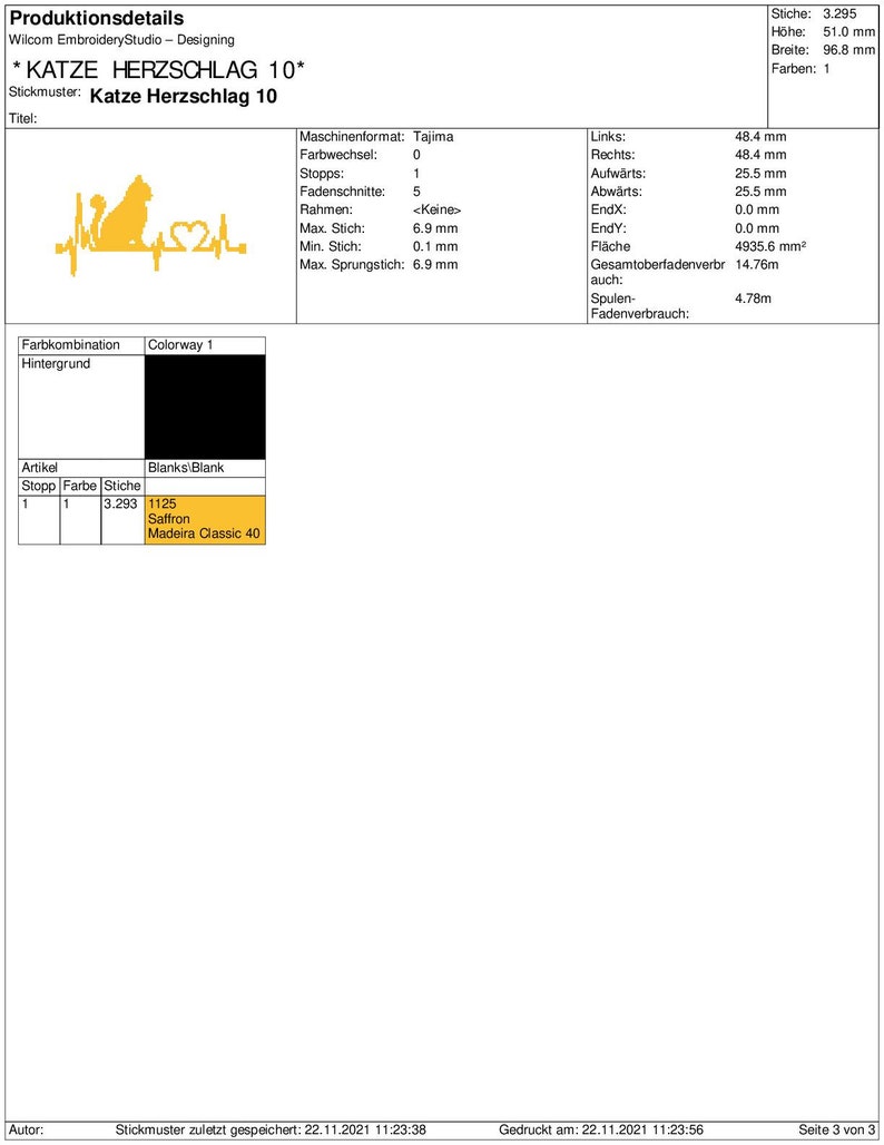 May include: A digital embroidery design for a cat with a heartbeat graphic. The design is called "Katze Herzschlag 10" and is 96.8 mm wide and 51.0 mm high. The design requires 3,295 stitches and one color of thread.