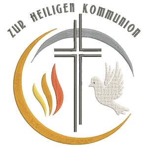 May include: A gold and gray embroidered design with a cross, a dove, and flames. The text "Zur Heiligen Kommunion" is around the outside of the design.