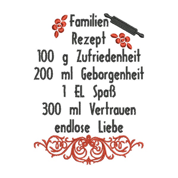 Stickdatei Familienrezept 2 13x18 cm Rahmen Spruch Kissen