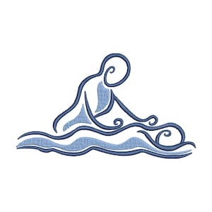 Könnte beinhalten: Eine stilisierte Linienzeichnung einer Person, die einer anderen Person eine Massage gibt. Das Bild ist in Blau und Weiß gehalten und vor einem weißen Hintergrund.