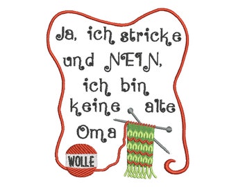 Embroidery file Yes I knit 13 x 18 cm frame saying text knitting needle wool grandma ball of wool wool stitches knitting grandma pillow cushion pattern