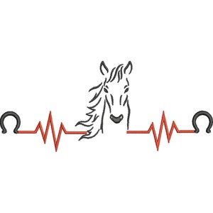 Op de afbeelding: Zwart-witte lijntekening van een paardenhoofd met een rode hartslaglijn en hoefijzersymbolen aan beide kanten.