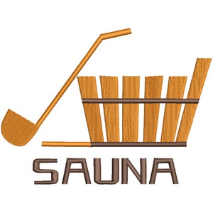 Könnte beinhalten: Ein brauner Holzsaunaeimer mit einer Schöpfkelle und dem Wort "SAUNA" in brauner Schrift.