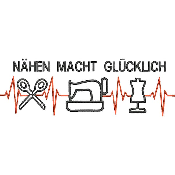 Stickdatei  Nähen macht glücklich 13x18 cm Rahmen Spruch Text Nähmaschine Schere Schneiderpuppe Schneider Schneiderin Nadel Faden