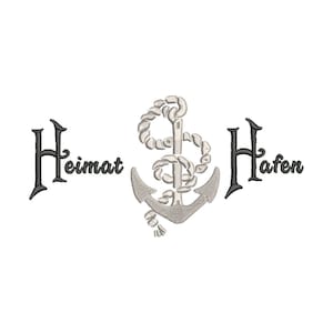 以下が含まれることがあります： 「Heimat Hafen」というテキストと、ロープが巻き付けられたスタイリッシュな錨が描かれた白黒のグラフィックデザインです。