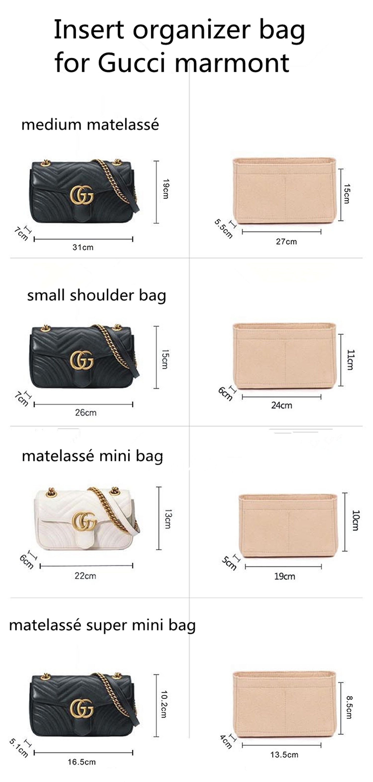 Small Handbag Shaper Insert for GG Marmont Matelasse Shoulder Bag(Pack of  2)Felt Insert Purse Organizer with Zipper- Buy 1 Get 1 Bag Free Small 8030
