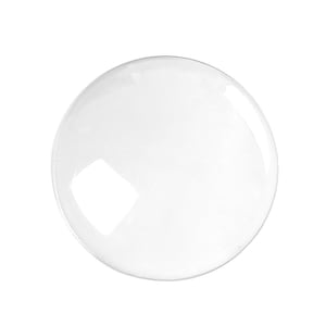 May include: A clear glass magnifying glass with a round shape and a slightly raised edge.