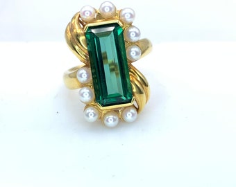 18K Solid Gold Ring | Top Quality Tourmaline 9 Ct | 12 Ct Pearls | Natural Tourmaline and Pearls in 18K Solid Gold Ring | Gemstone Ring |